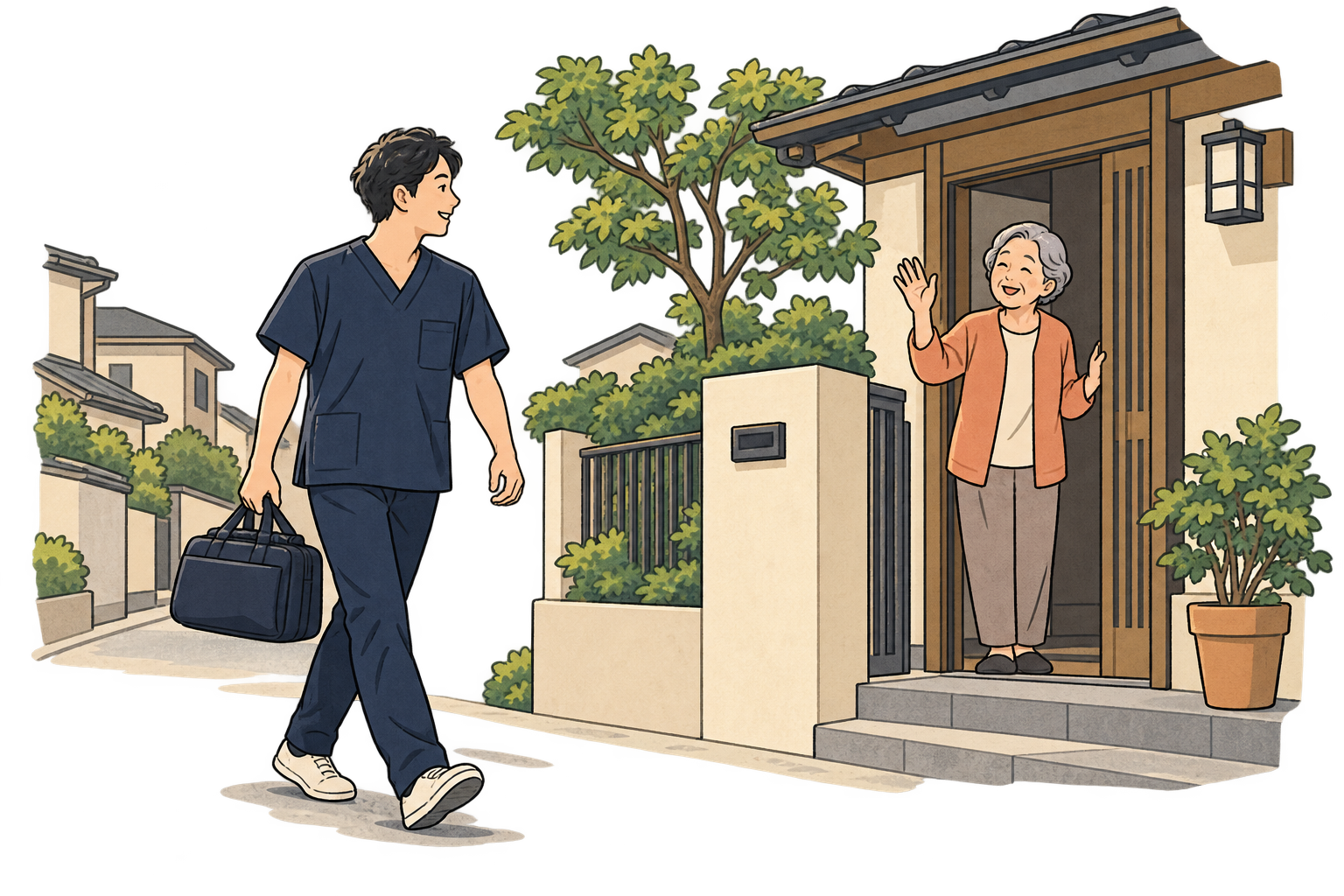 訪問する施術者と、家の前で迎える方を描いたイラスト